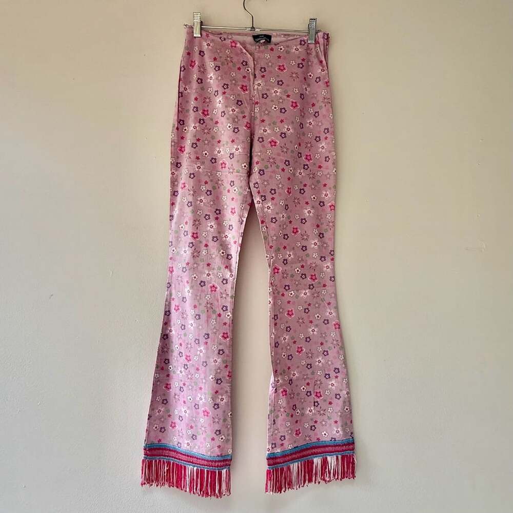 Euro Fringe Hem Pink Floral Flare Pants